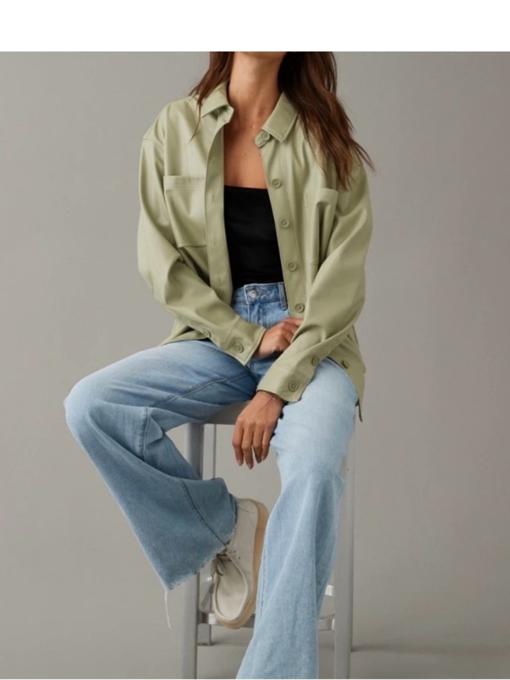 American eagle AE Oversized Vegan Leather Shacket light olive green M